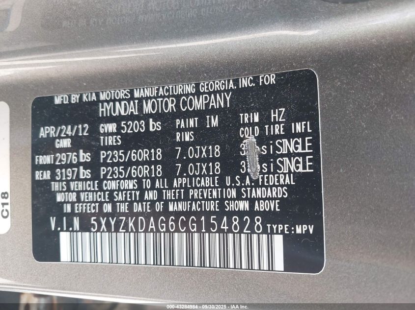 2012 Hyundai Santa Fe Limited V6 VIN: 5XYZKDAG6CG154828 Lot: 43284984