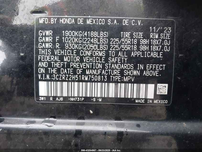 2024 Honda Hr-V Awd Sport/Awd Sport W/O Bsi VIN: 3CZRZ2H51RM750813 Lot: 43284987