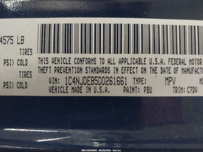 2013 Jeep Compass Latitude VIN: 1C4NJDEB5DD261661 Lot: 43285006