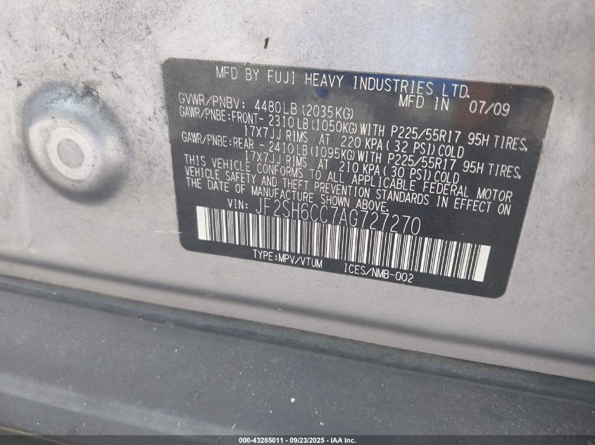 2010 Subaru Forester 2.5X Premium VIN: JF2SH6CC7AG727270 Lot: 43285011