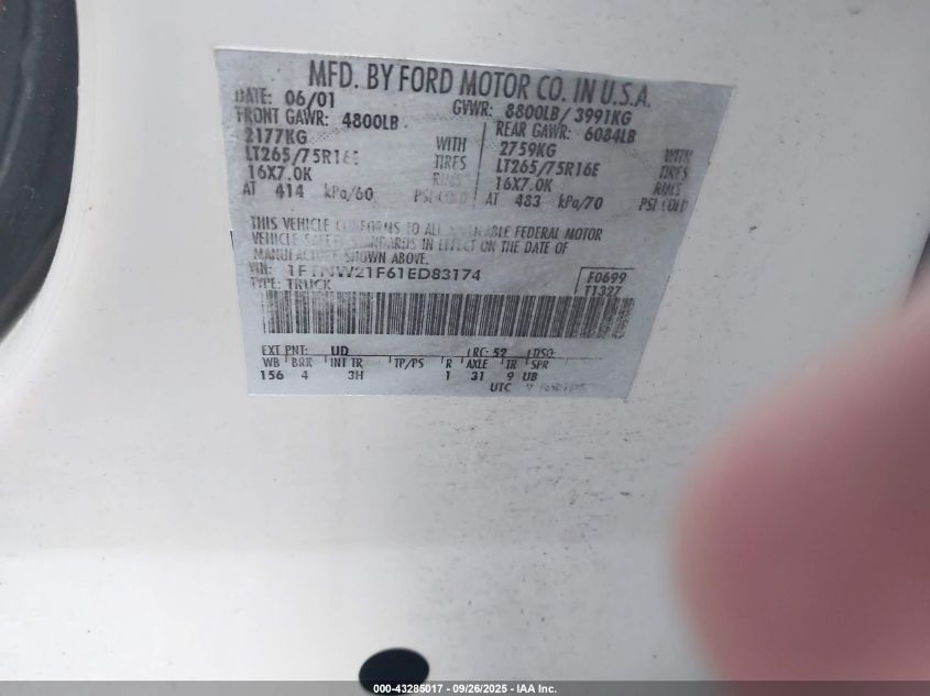 2001 Ford F-250 Lariat/Xl/Xlt VIN: 1FTNW21F61ED83174 Lot: 43285017