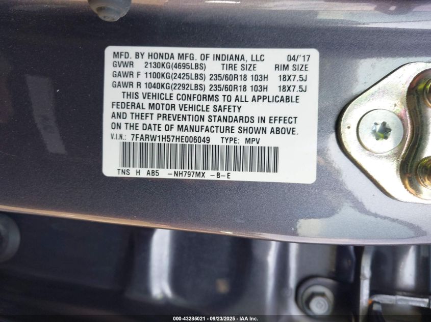 2017 Honda Cr-V Ex VIN: 7FARW1H57HE006049 Lot: 43285021