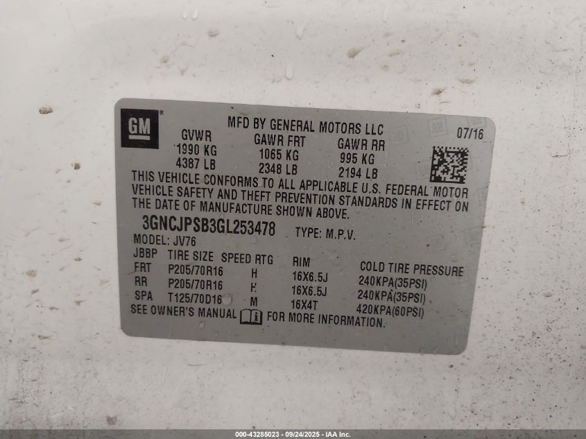 2016 Chevrolet Trax Lt VIN: 3GNCJPSB3GL253478 Lot: 43285023