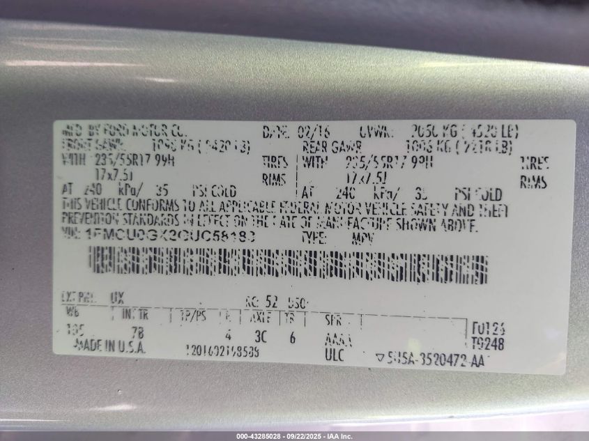 2016 Ford Escape Se VIN: 1FMCU0GX2GUC58183 Lot: 43285028