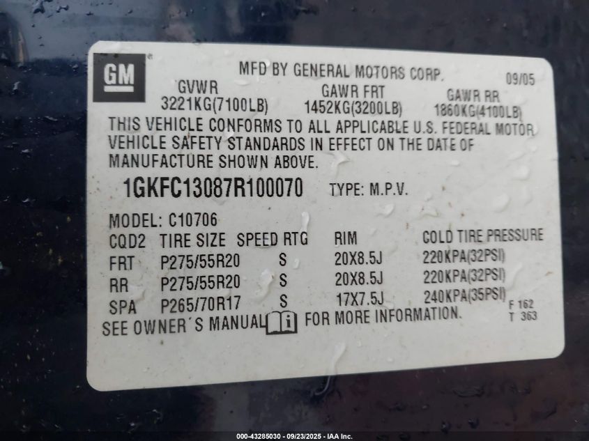 2007 GMC Yukon Slt VIN: 1GKFC13087R100070 Lot: 43285030