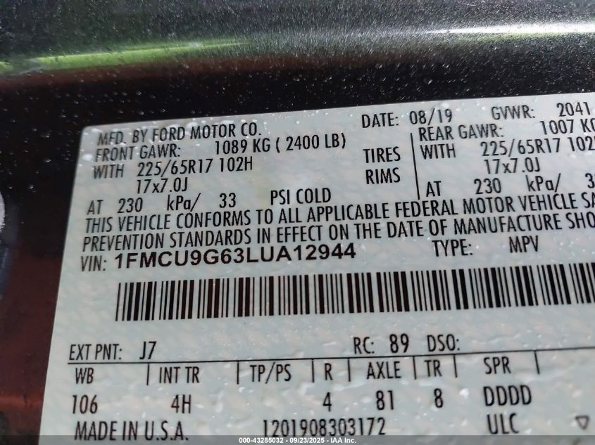 2020 Ford Escape Se VIN: 1FMCU9G63LUA12944 Lot: 43285032