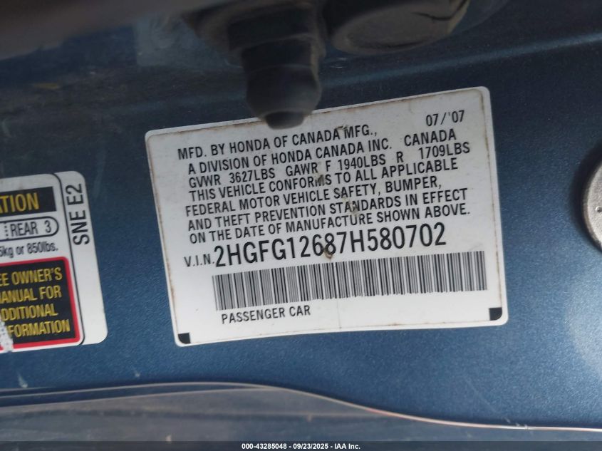 2007 Honda Civic Lx VIN: 2HGFG12687H580702 Lot: 43285048