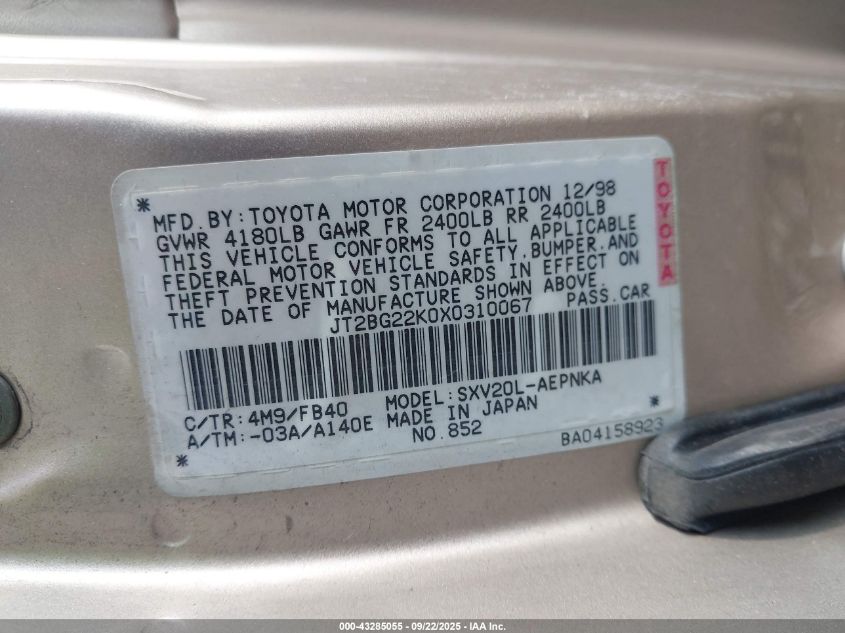 1999 Toyota Camry Le VIN: JT2BG22K0X0310067 Lot: 43285055