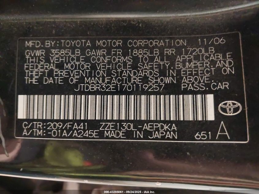 2007 Toyota Corolla Ce VIN: JTDBR32E170119257 Lot: 43285061