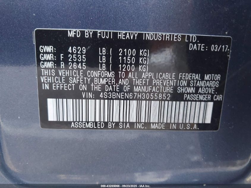 2017 Subaru Legacy 3.6R Limited VIN: 4S3BNEN67H3055852 Lot: 43285066