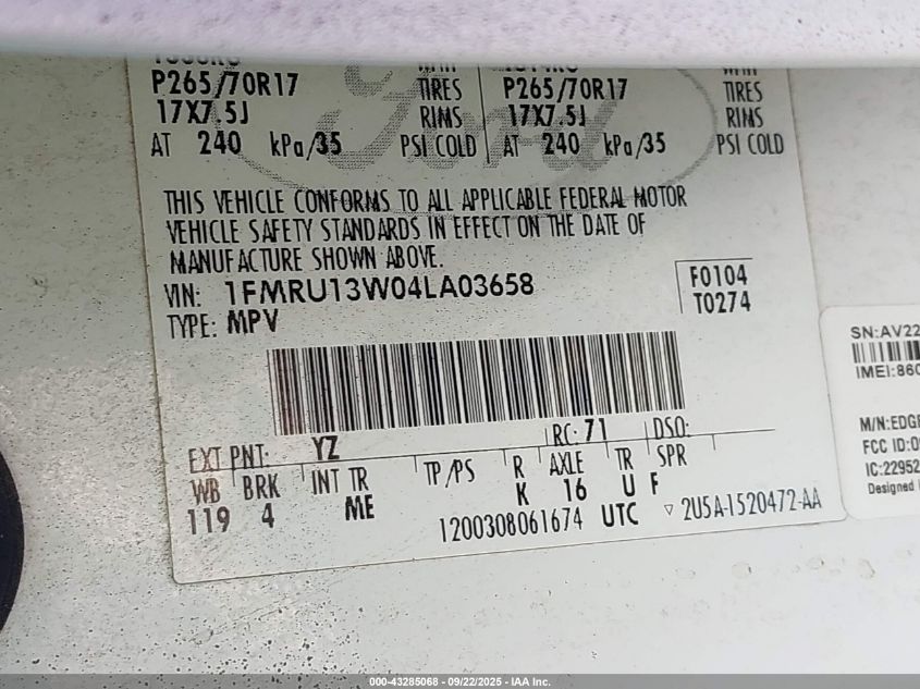 2004 Ford Expedition Xls VIN: 1FMRU13W04LA03658 Lot: 43285068