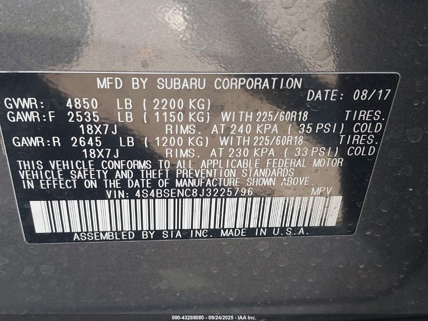 2018 Subaru Outback 3.6R Limited VIN: 4S4BSENC8J3225796 Lot: 43285080