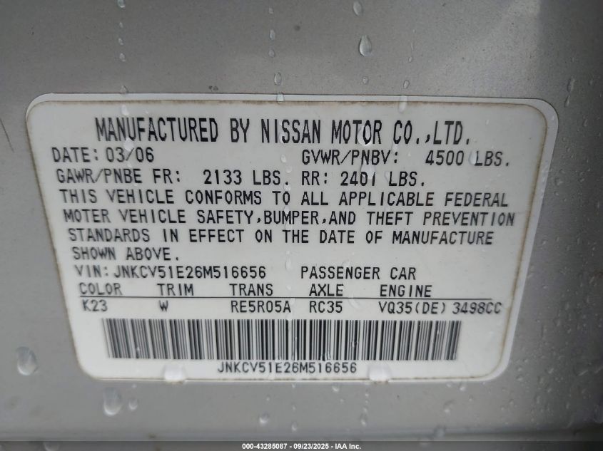 2006 Infiniti G35 VIN: JNKCV51E26M516656 Lot: 43285087