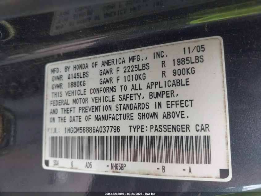 2006 Honda Accord 2.4 Ex VIN: 1HGCM56886A037796 Lot: 43285096