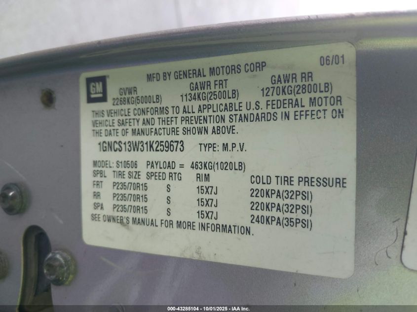 2001 Chevrolet Blazer Lt VIN: 1GNCS13W31K259673 Lot: 43285104