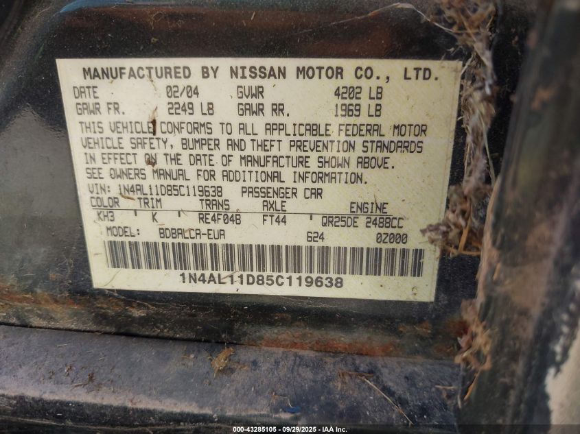 2005 Nissan Altima 2.5 S VIN: 1N4AL11D85C119638 Lot: 43285105
