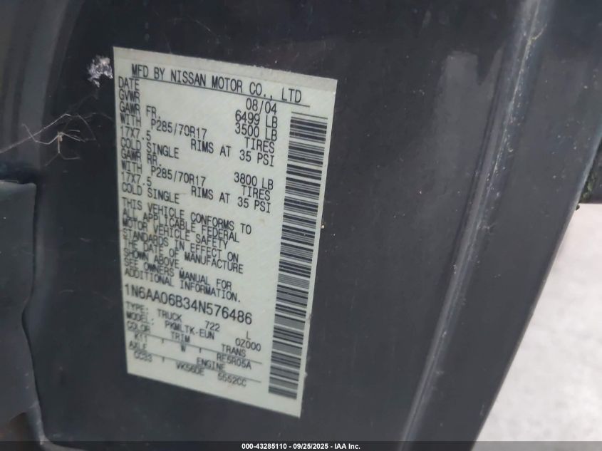 2004 Nissan Titan Se VIN: 1N6AA06B34N576486 Lot: 43285110