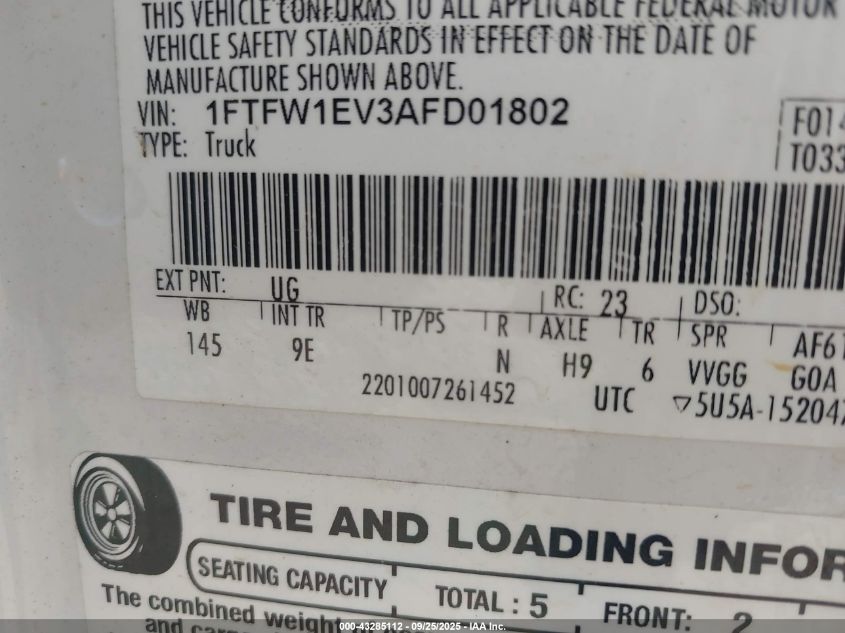2010 Ford F-150 Fx4/Harley-Davidson/King Ranch/Lariat/Platinum/Xl/Xlt VIN: 1FTFW1EV3AFD01802 Lot: 43285112