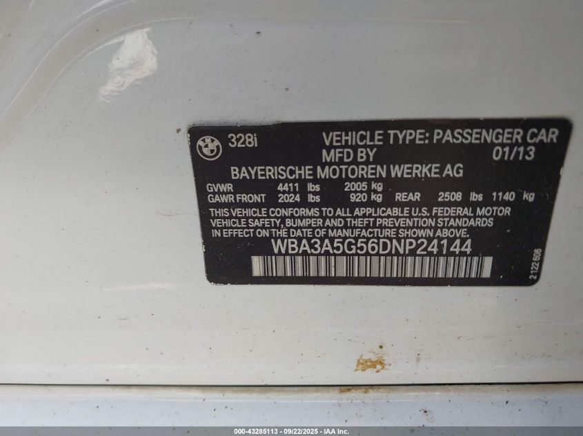 2013 BMW 328I VIN: WBA3A5G56DNP24144 Lot: 43285113