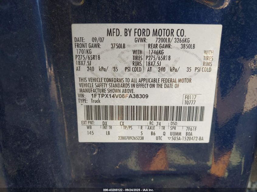2008 Ford F-150 Fx4/Lariat/Xl/Xlt VIN: 1FTPX14V08FA38309 Lot: 43285122