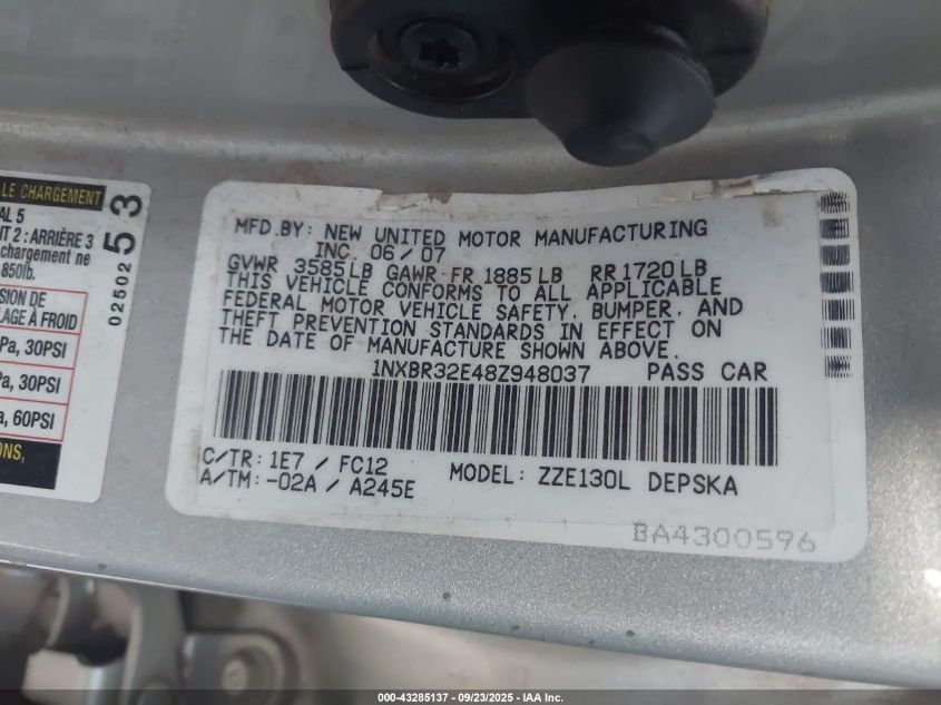 2008 Toyota Corolla S VIN: 1NXBR32E48Z948037 Lot: 43285137