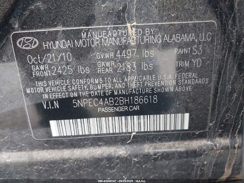 2011 Hyundai Sonata Limited 2.0T VIN: 5NPEC4AB2BH186618 Lot: 43285147
