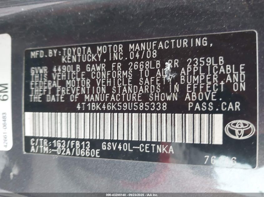 2009 Toyota Camry Le V6 VIN: 4T1BK46K59U585338 Lot: 43285148