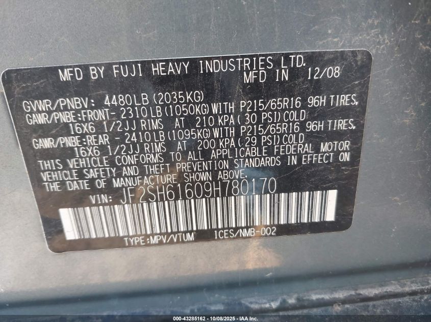 2009 Subaru Forester 2.5X VIN: JF2SH61609H780170 Lot: 43285162