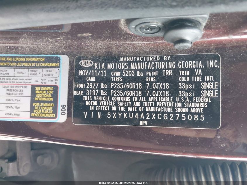 2012 Kia Sorento Ex V6 VIN: 5XYKU4A2XCG275085 Lot: 43285165