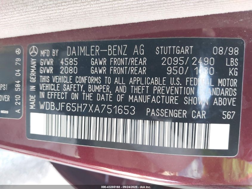 1999 Mercedes-Benz E 320 VIN: WDBJF65H7XA751653 Lot: 43285168