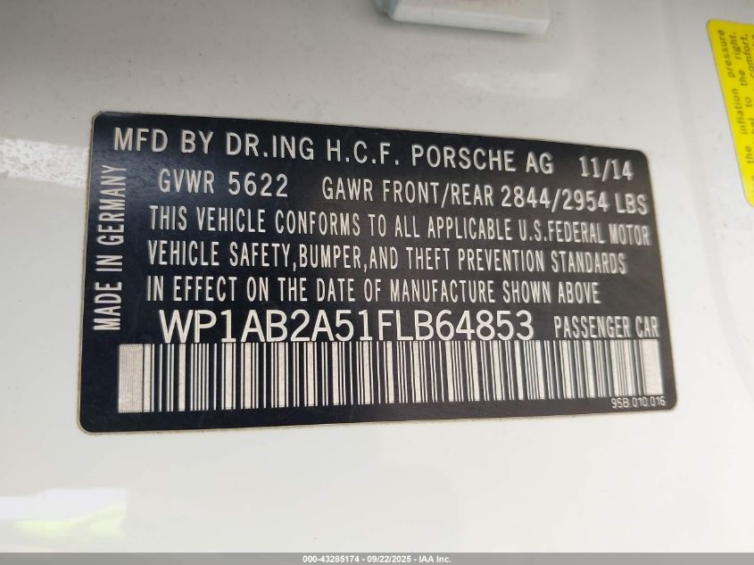 2015 Porsche Macan S VIN: WP1AB2A51FLB64853 Lot: 43285174