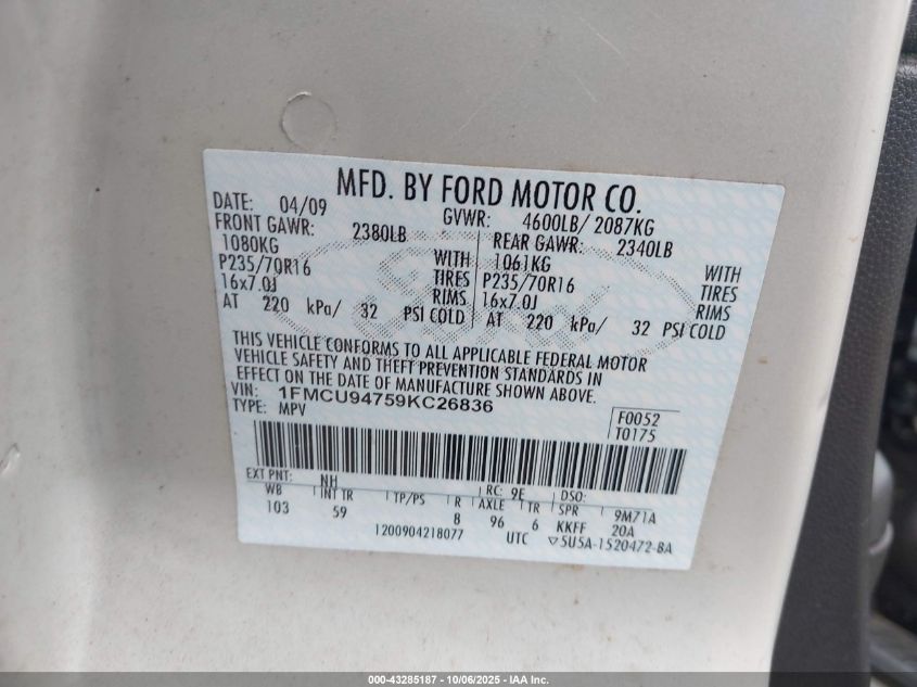 2009 Ford Escape Limited VIN: 1FMCU94759KC26836 Lot: 43285187