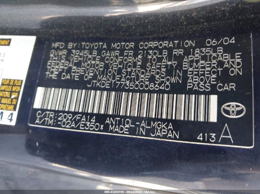 2005 Scion Tc VIN: JTKDE177350008640 Lot: 43285190