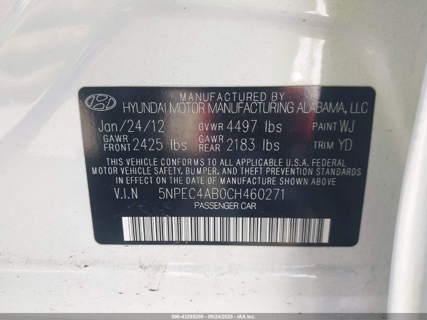 2012 Hyundai Sonata Limited 2.0T VIN: 5NPEC4AB0CH460271 Lot: 43285205