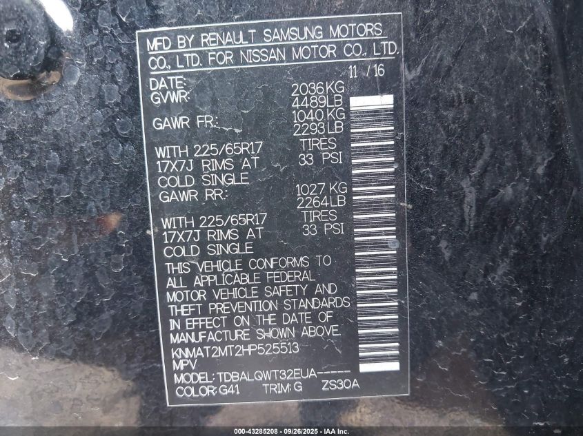 2017 Nissan Rogue Sv VIN: KNMAT2MT2HP525513 Lot: 43285208