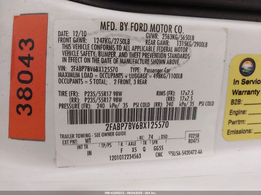 2011 Ford Crown Victoria Police Interceptor VIN: 2FABP7BV6BX125570 Lot: 43285212