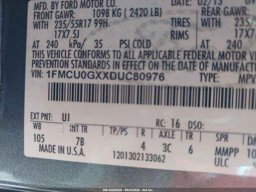 2013 Ford Escape Se VIN: 1FMCU0GXXDUC80976 Lot: 43285226