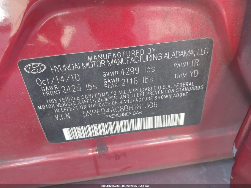 2011 Hyundai Sonata Gls VIN: 5NPEB4AC8BH181306 Lot: 43285233