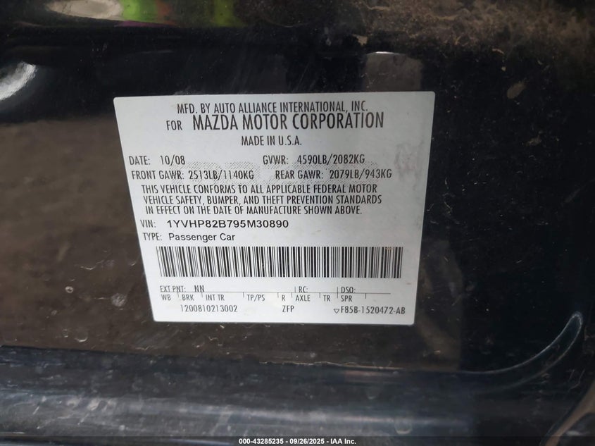 2009 Mazda Mazda6 S Grand Touring VIN: 1YVHP82B795M30890 Lot: 43285235