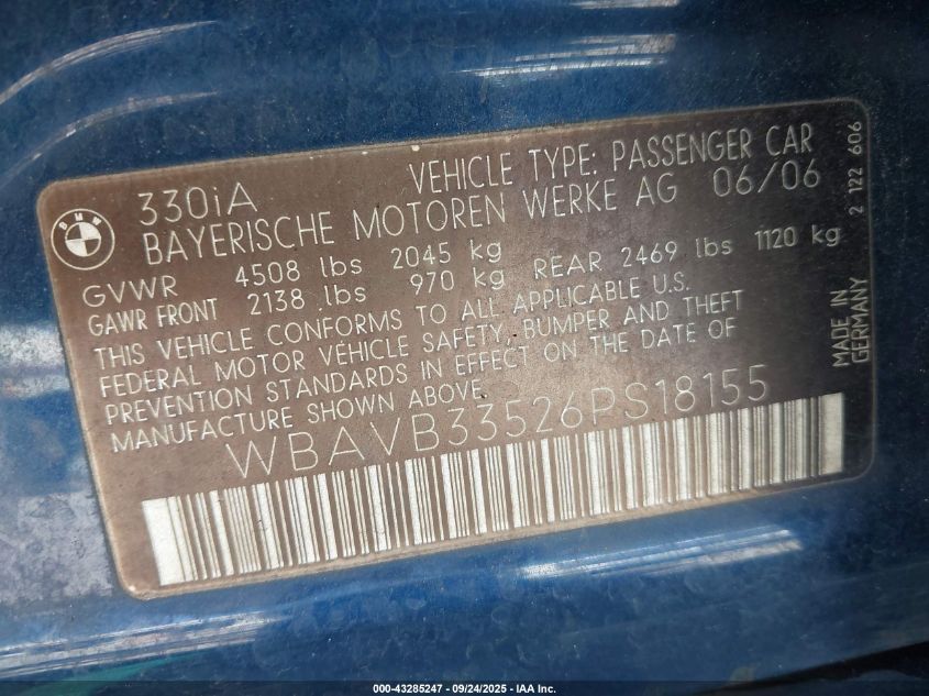 2006 BMW 330I VIN: WBAVB33526PS18155 Lot: 43285247