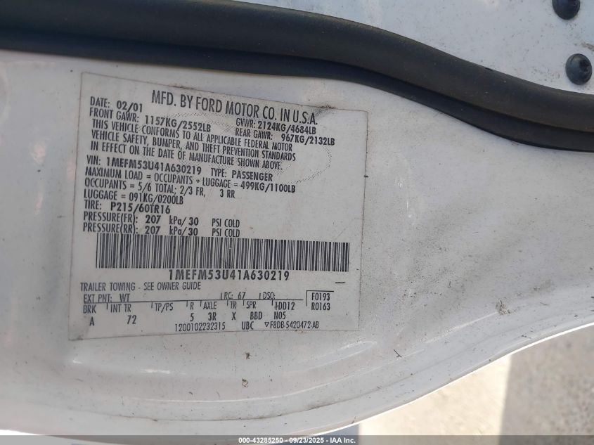 2001 Mercury Sable Ls VIN: 1MEFM53U41A630219 Lot: 43285250