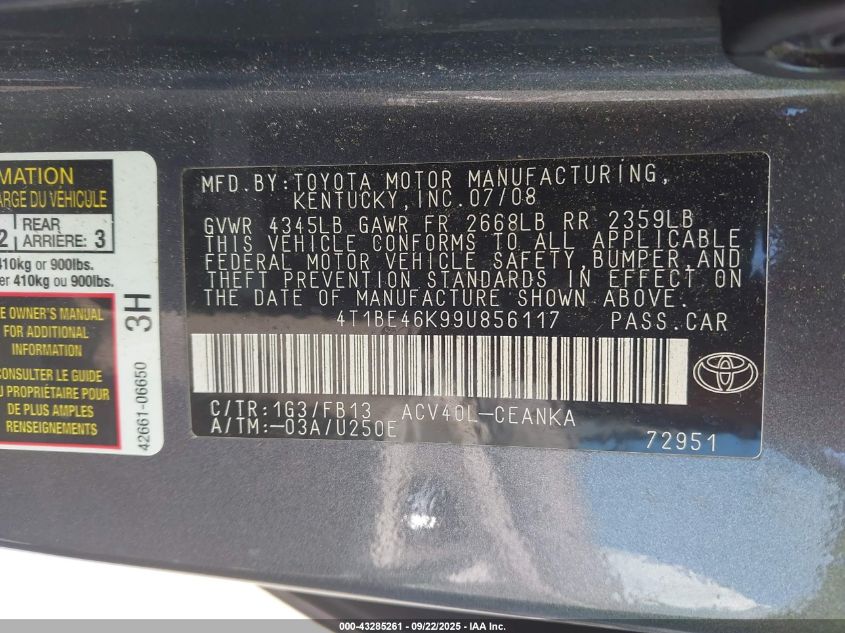 2009 Toyota Camry Le VIN: 4T1BE46K99U856117 Lot: 43285261