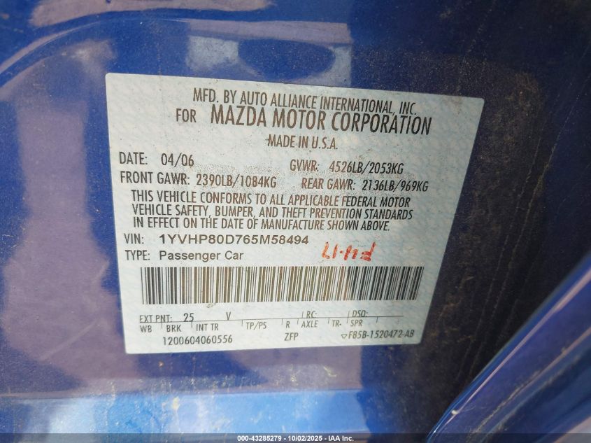 2006 Mazda Mazda6 S VIN: 1YVHP80D765M58494 Lot: 43285279