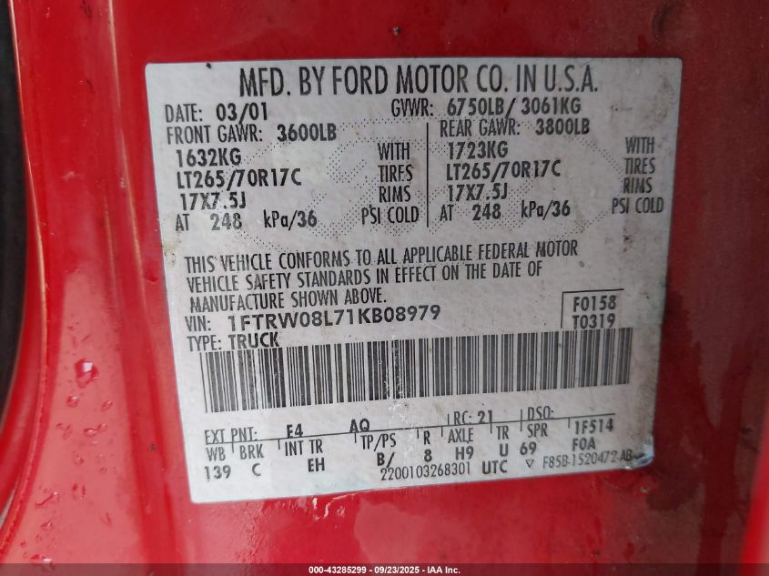 2001 Ford F-150 King Ranch Edition/Lariat/Xlt VIN: 1FTRW08L71KB08979 Lot: 43285299