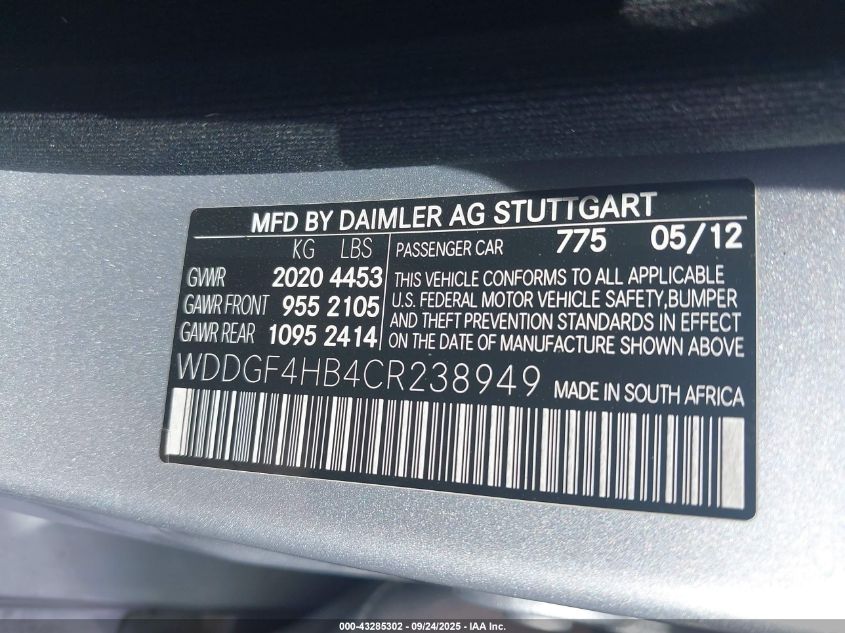 2012 Mercedes-Benz C 250 Luxury/Sport VIN: WDDGF4HB4CR238949 Lot: 43285302