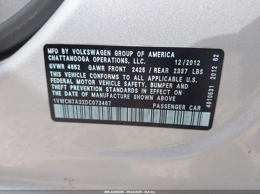 2013 Volkswagen Passat 2.0L Tdi Sel Premium VIN: 1VWCN7A32DC073467 Lot: 43285305