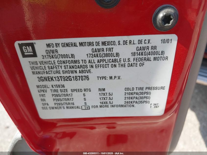 2002 Chevrolet Avalanche 1500 VIN: 3GNEK13T92G187076 Lot: 43285311