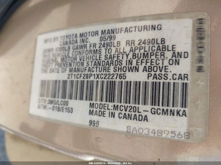 1999 Toyota Camry Solara Se V6 VIN: 2T1CF28P1XC222765 Lot: 43285314