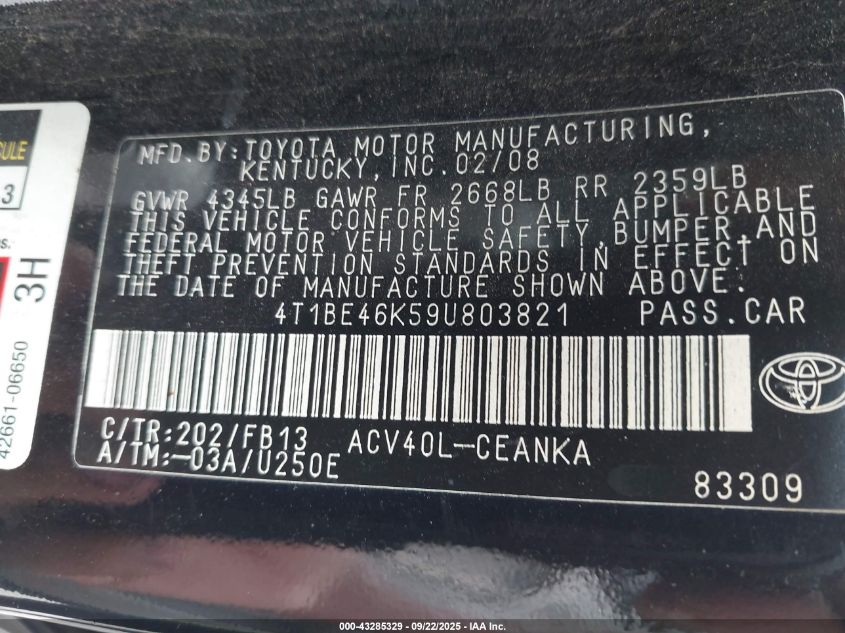2009 Toyota Camry Le VIN: 4T1BE46K59U803821 Lot: 43285329