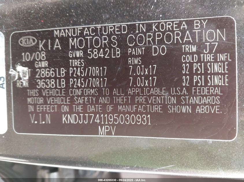 2009 Kia Borrego Lx VIN: KNDJJ741195030931 Lot: 43285330